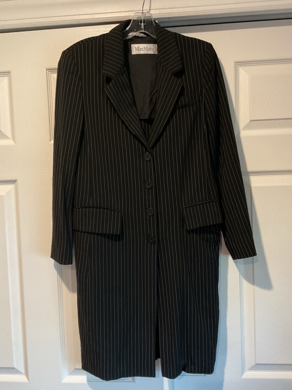 MaxMara Black Pinstripe Wool Long Tailored Trench Dress Blazer Jacket sz 6